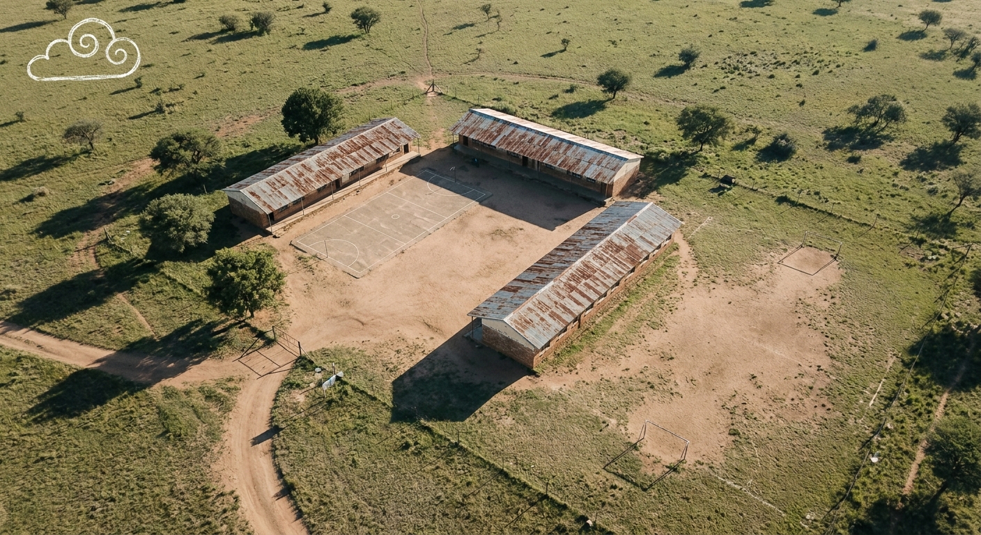 Aerial view of the school&rsquo;s three classroom blocks and dusty courtyard