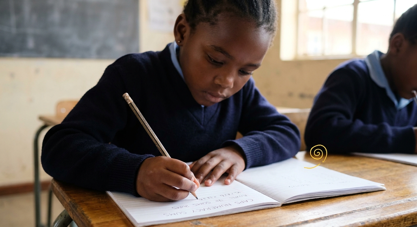 Close-up of a Grade 3 girl writing in her exercise book