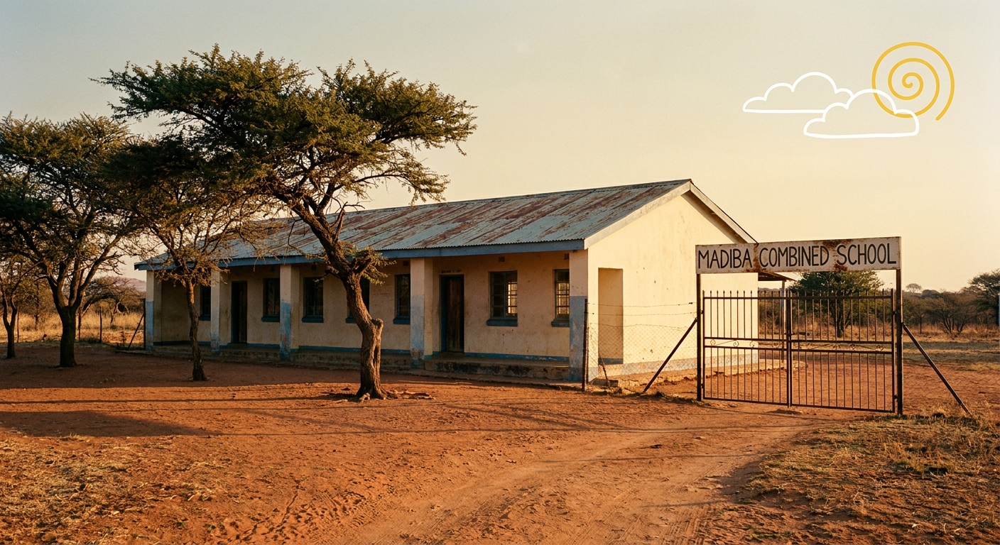 Modest school building with corrugated iron roof at golden hour