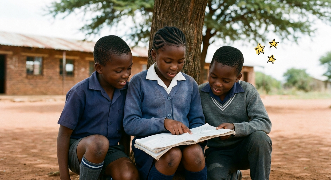Three children sharing an exercise book under a tree