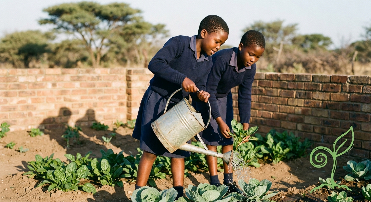 Two girls watering a school vegetable garden
