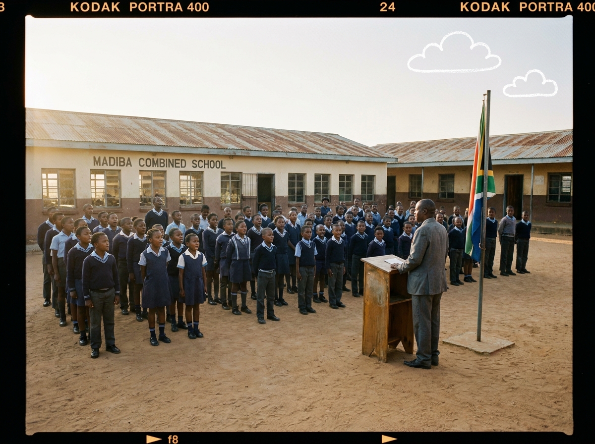 School assembly on the open courtyard with the SA flag