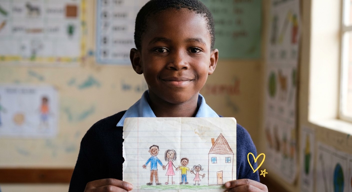 Boy holding up a hand-drawn picture of his family