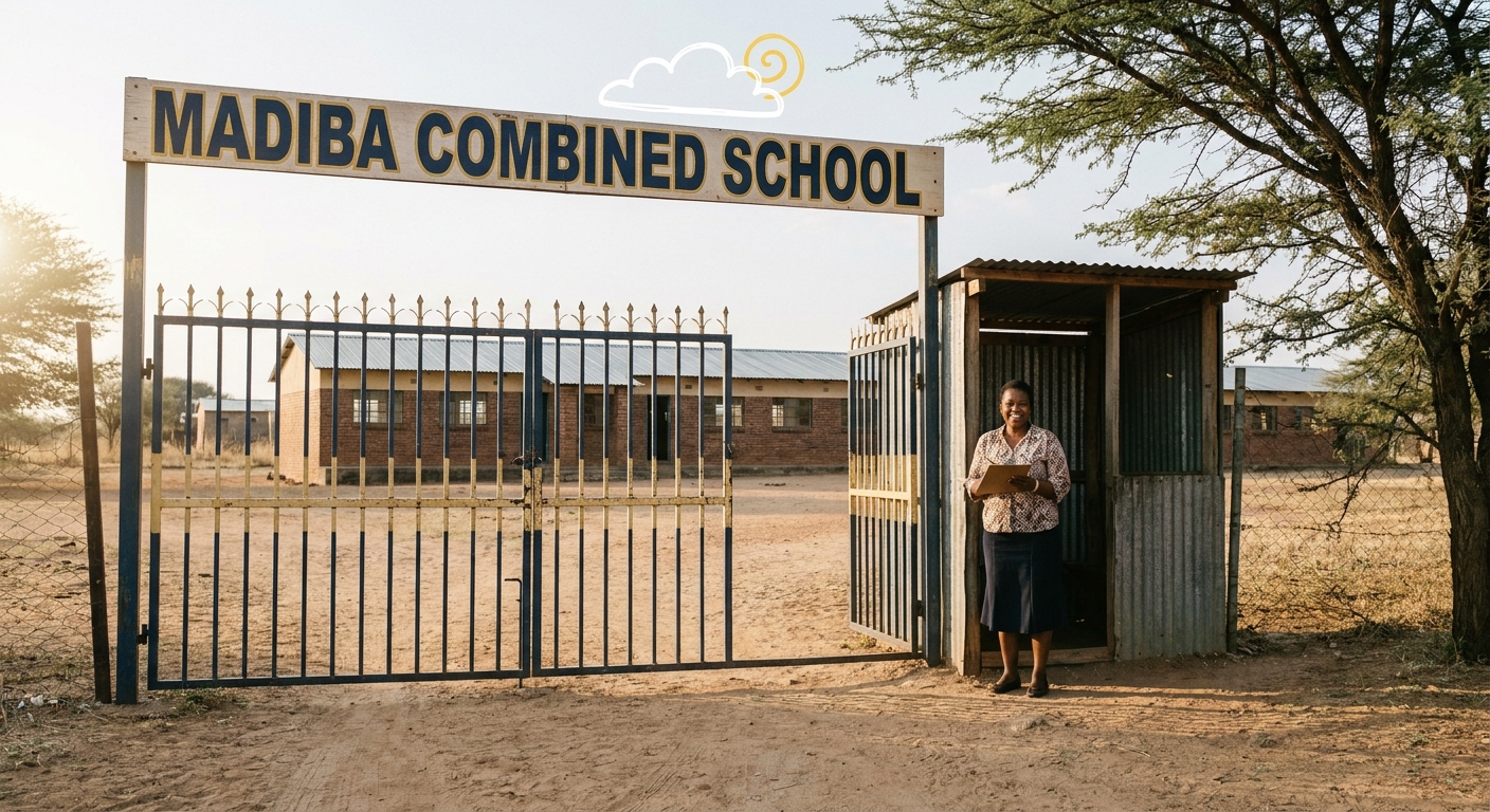 School front gate with hand-painted Madiba Combined School sign and friendly receptionist