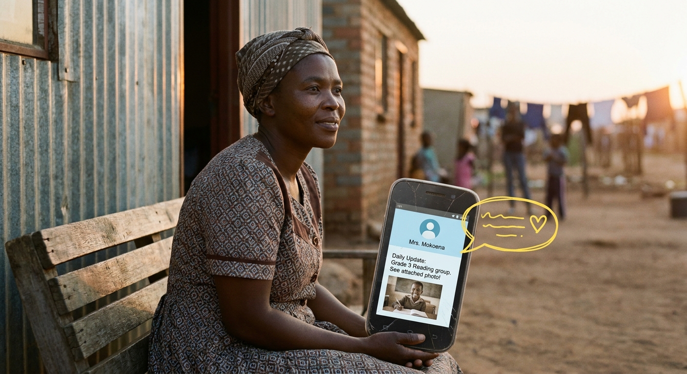 Mother on a basic smartphone reading a school messaging app