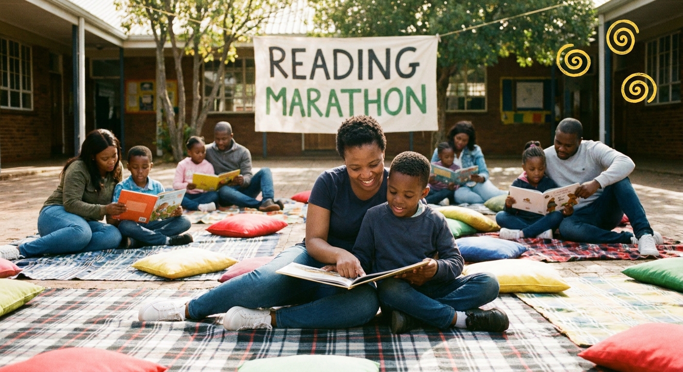 Parent-child reading marathon on picnic blankets in the courtyard