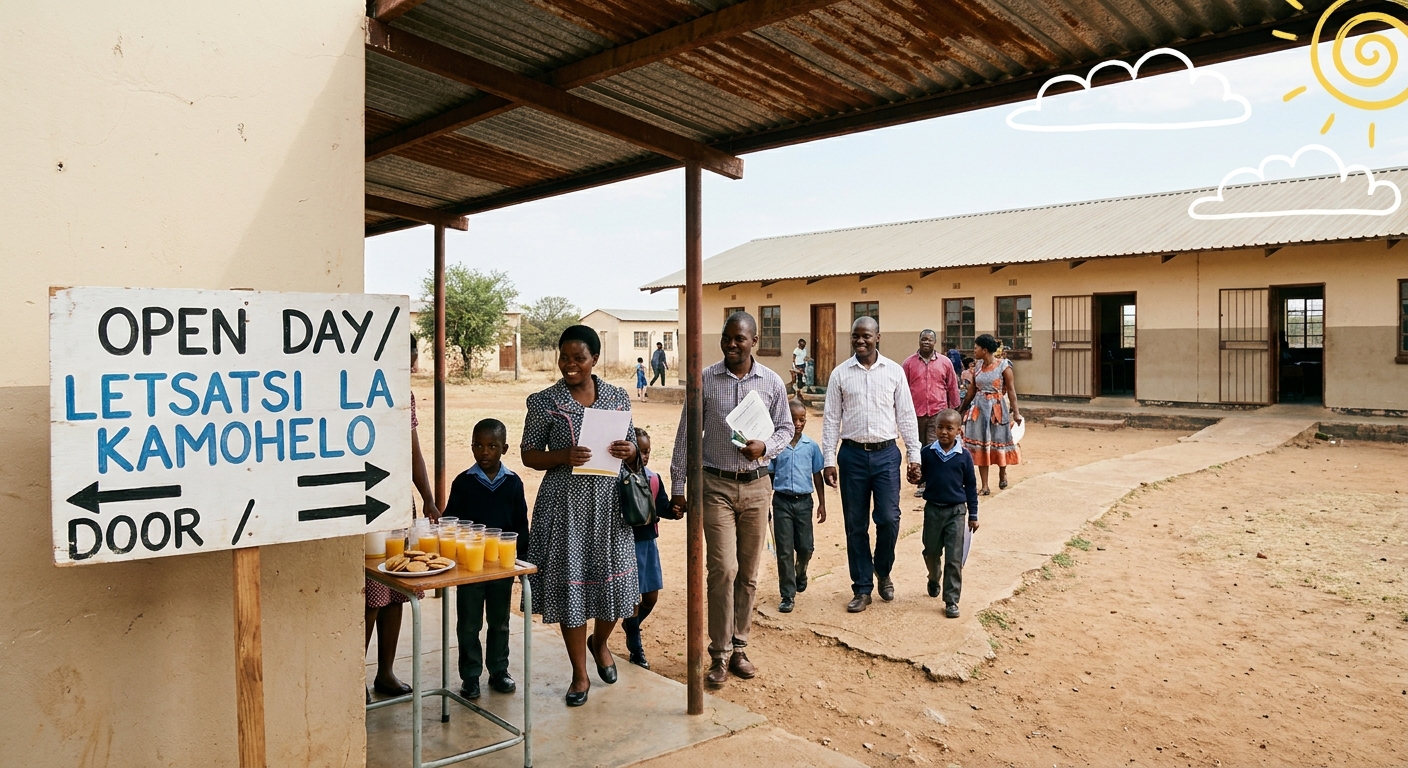 Parents and children walking through the school courtyard on open day
