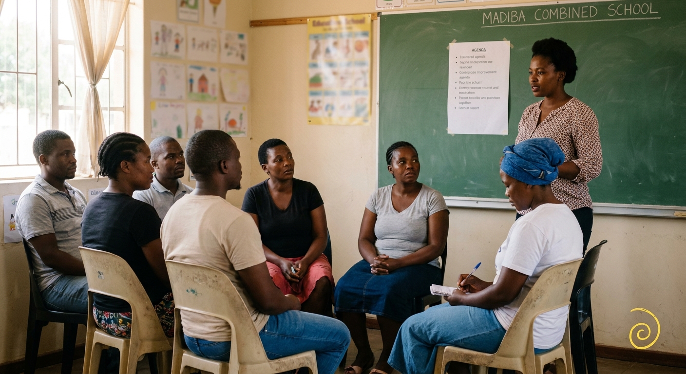 Class teacher leading a small parent meeting in a classroom