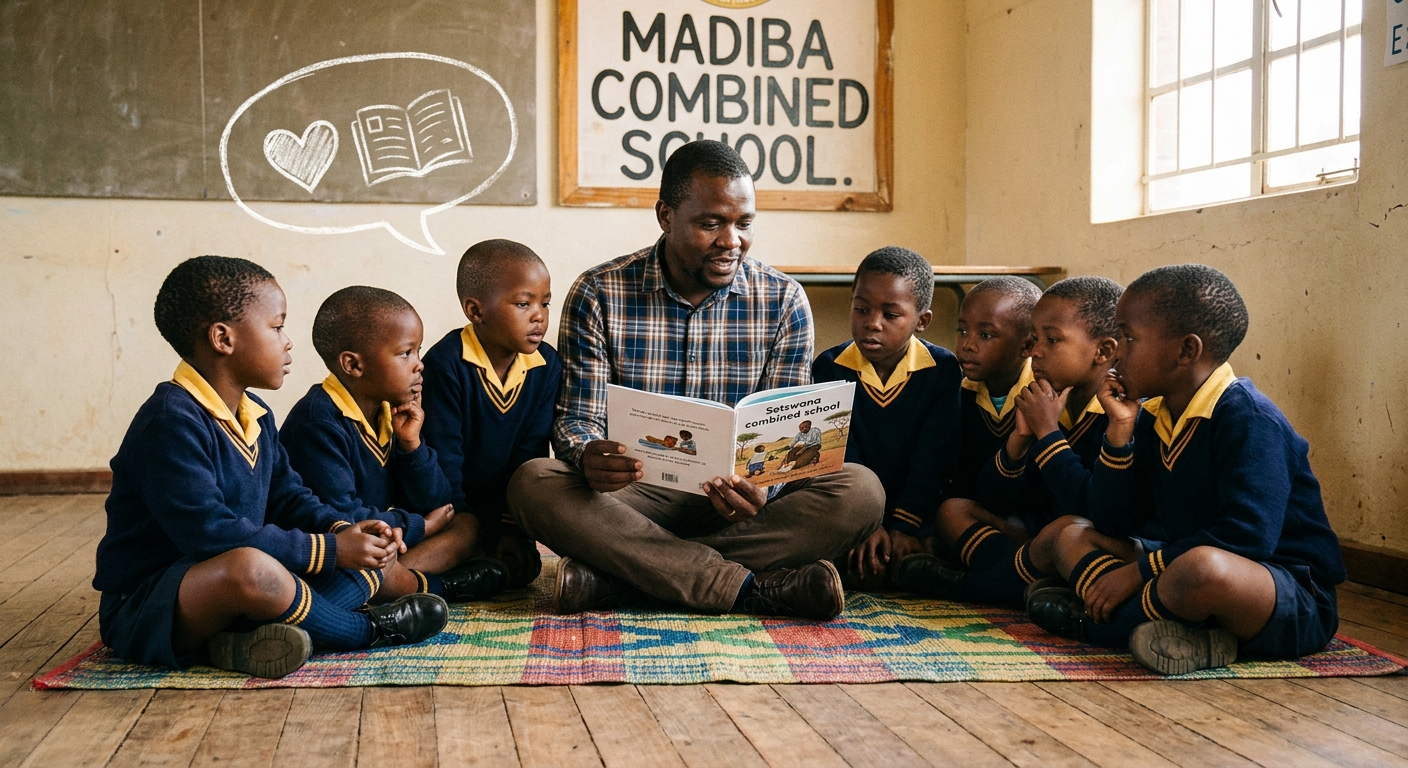 Father reading a Setswana picture book to a circle of children