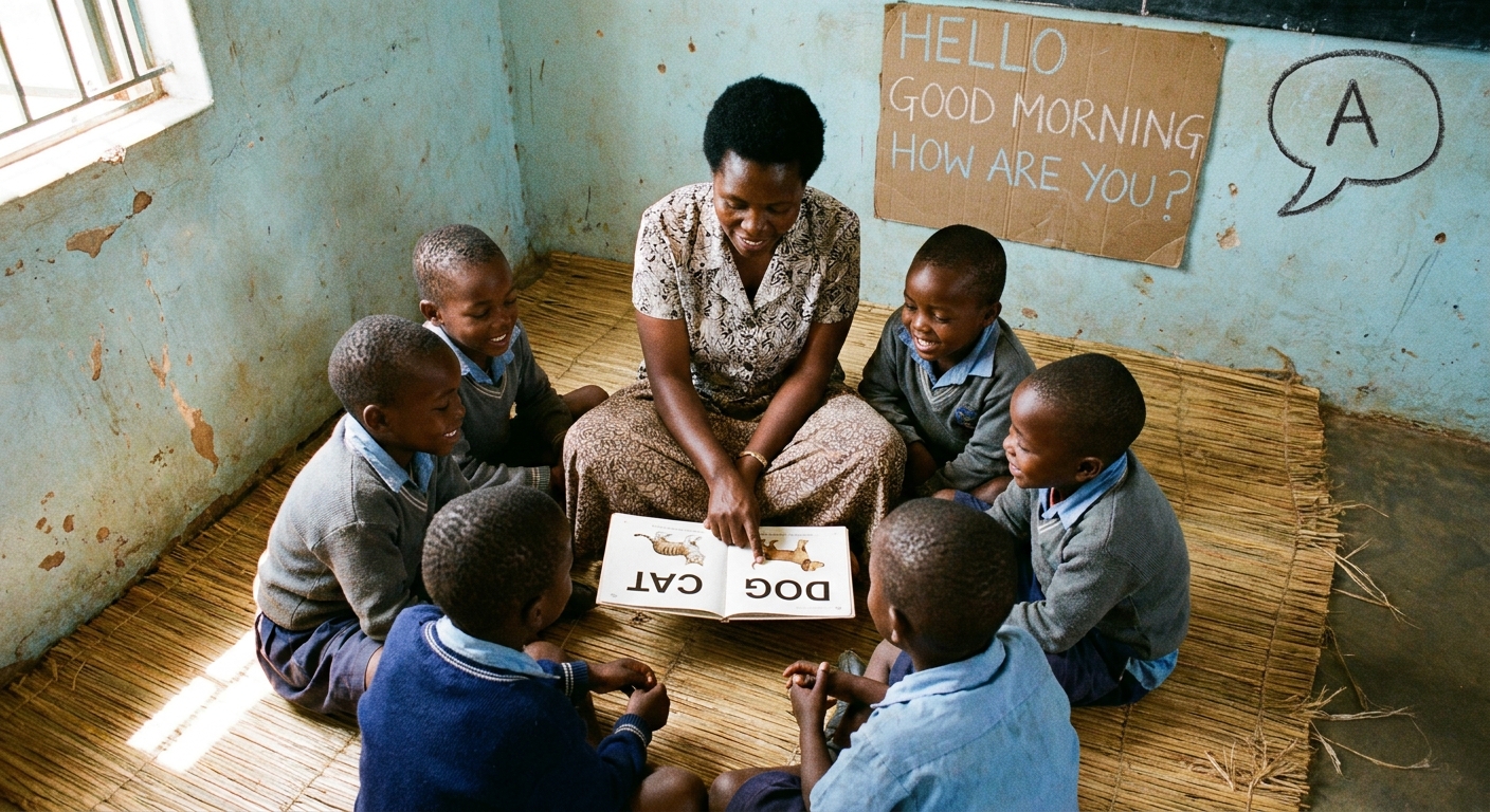 Teacher leading an English reading circle on a worn classroom mat