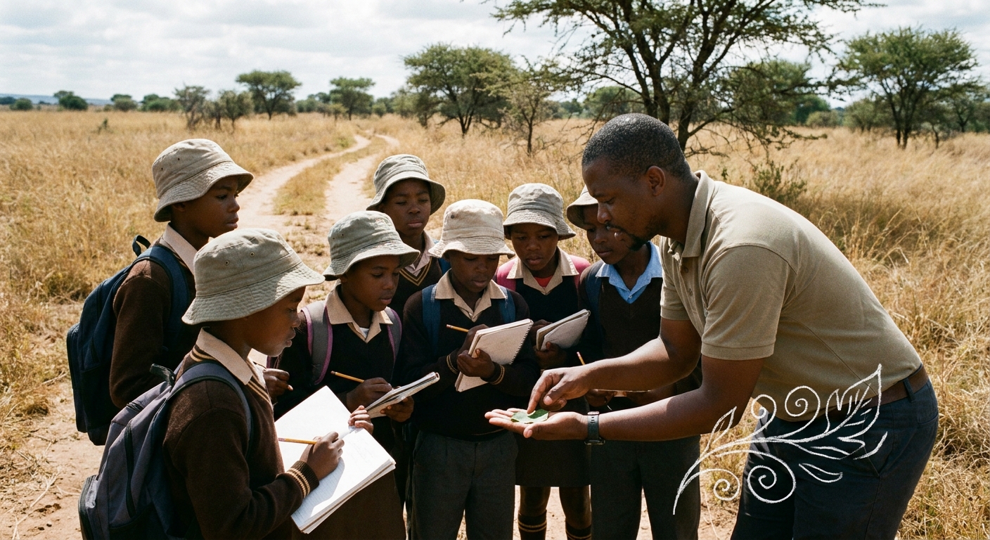 Children on a nature walk in the veld with their teacher