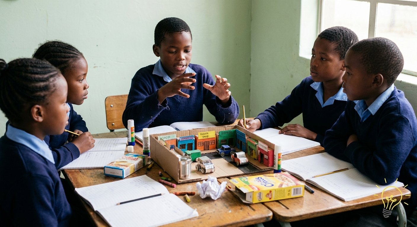 Children gathered around a cardboard model of their township street