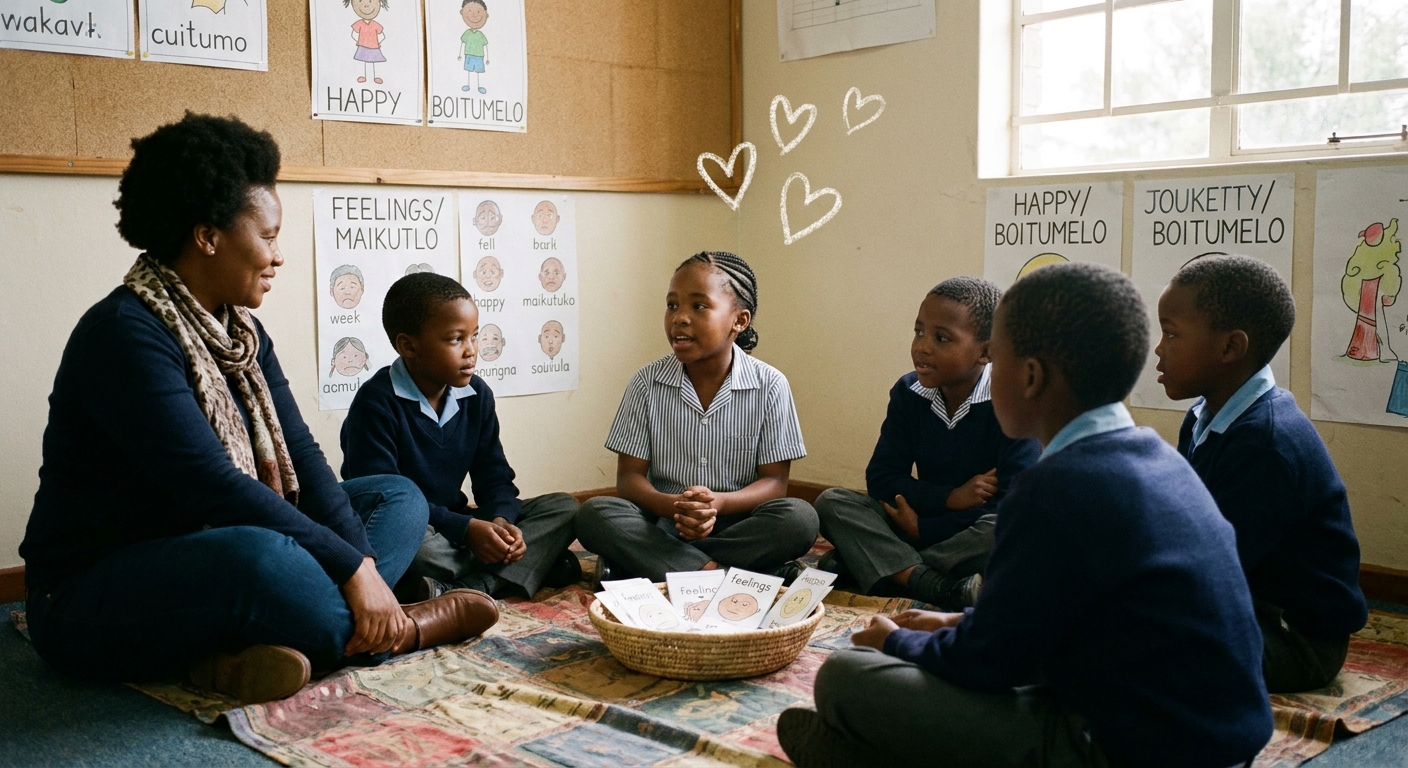 Wellbeing circle with school counsellor and children on a fabric mat