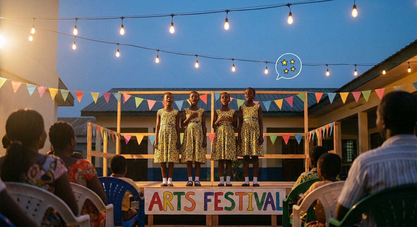 Girls in matching yellow and blue costumes performing on a small wooden stage