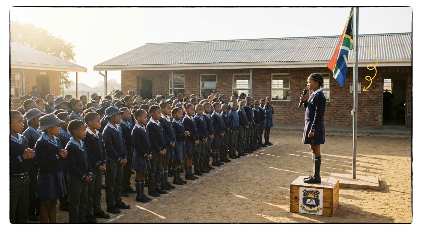 Children standing in rows on the courtyard for Monday assembly
