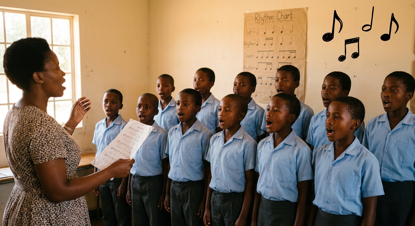 School choir rehearsing in two rows with their teacher conducting