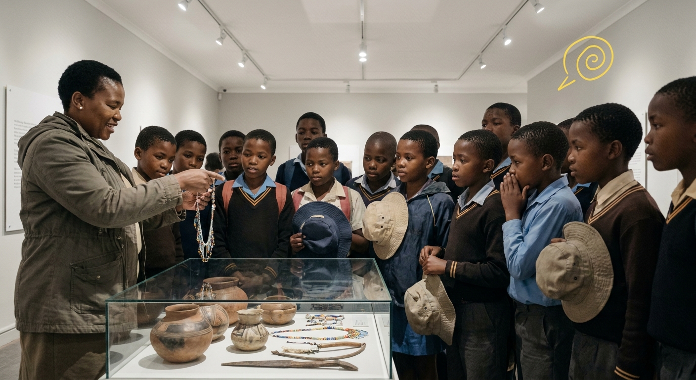 Grade 6 children gathered around a museum display of beaded artifacts
