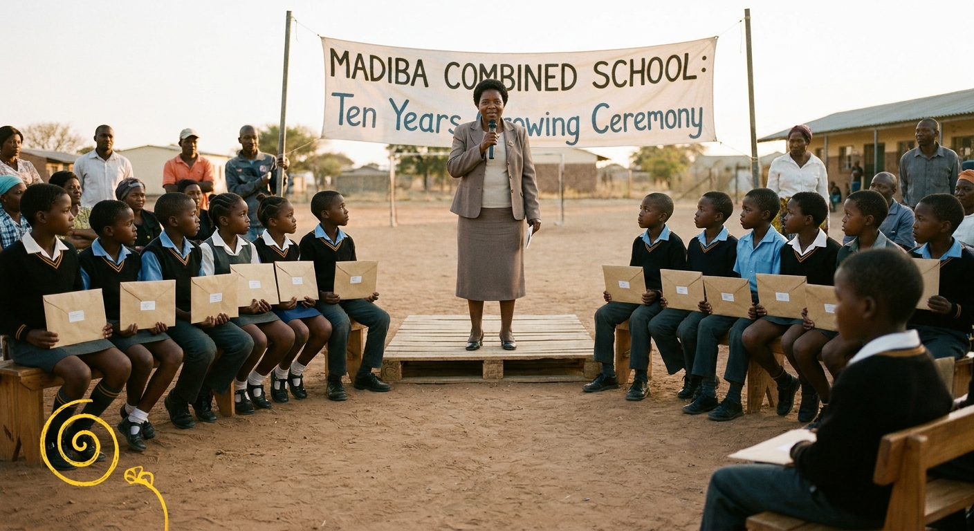 Grade 4 children seated in a semicircle holding sealed envelopes