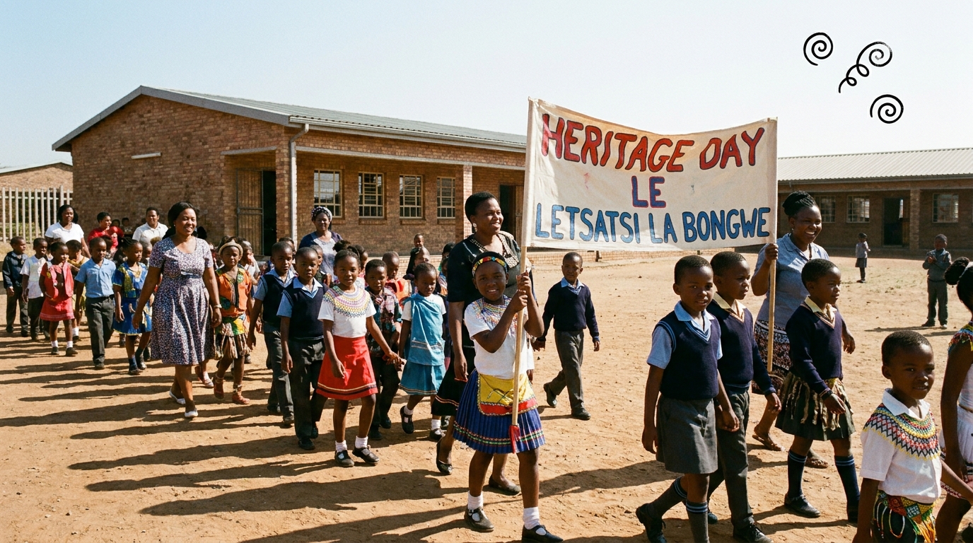 Children walking in heritage day procession in mixed traditional dress