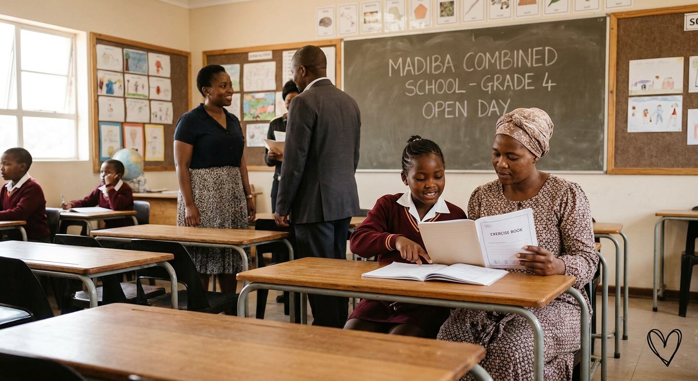 A Grade 4 girl proudly showing her schoolwork to her mother
