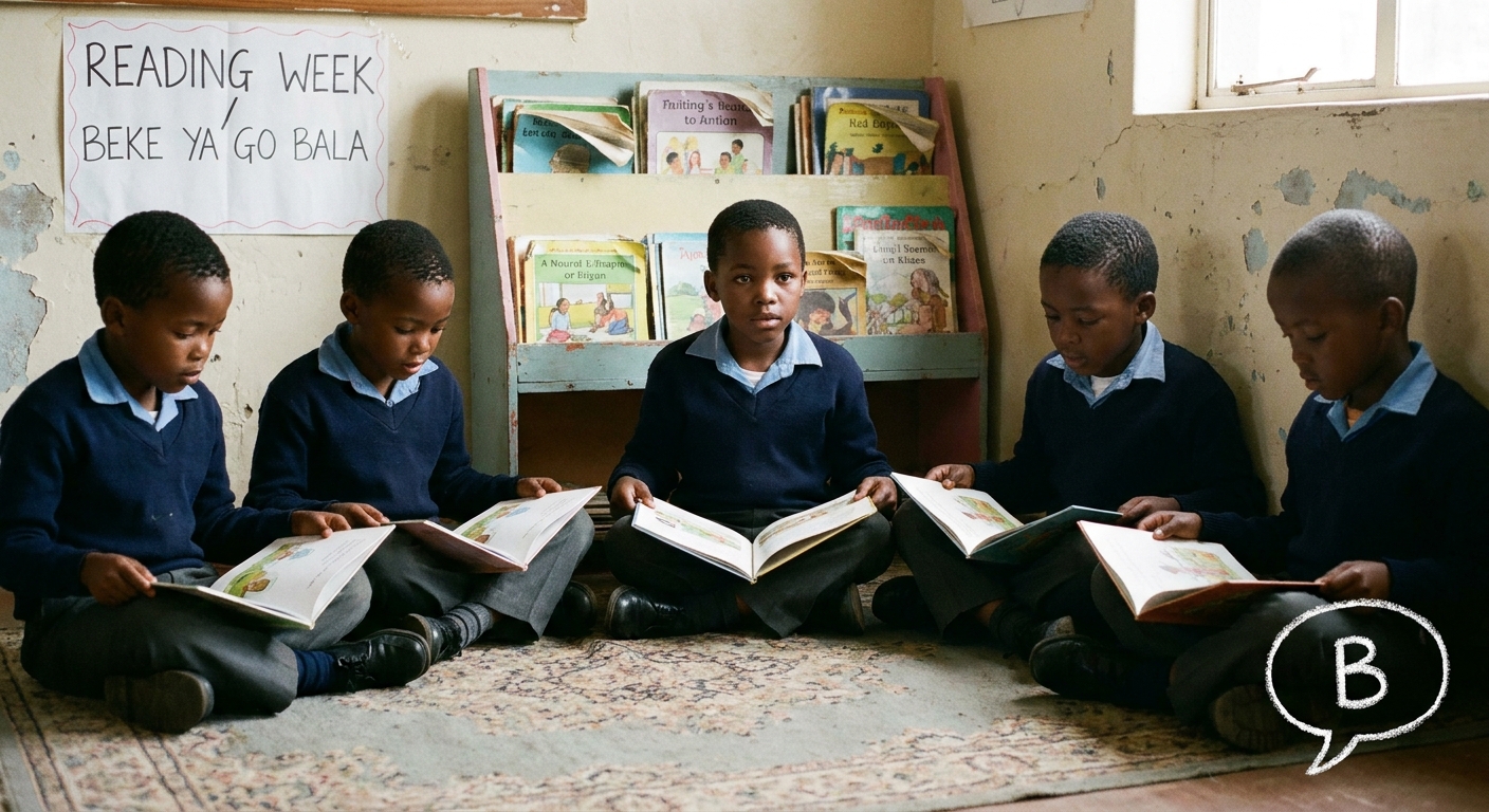 Six children reading picture books on a colourful classroom rug