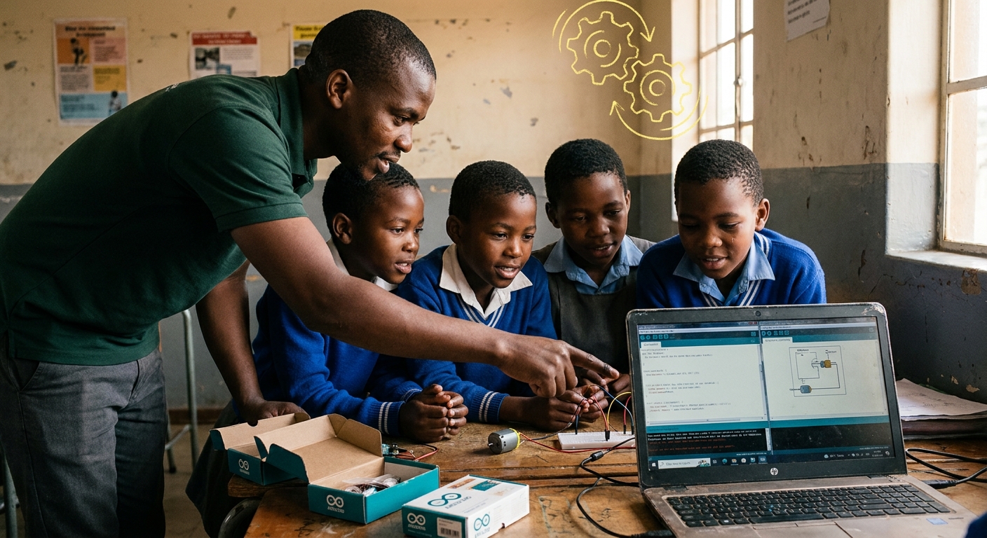 Children working on an Arduino starter kit with a teacher