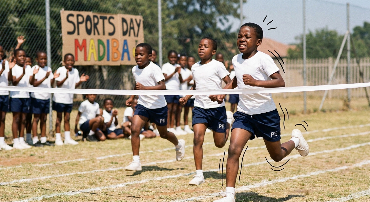 Children breaking the finish line tape on a dusty grass track
