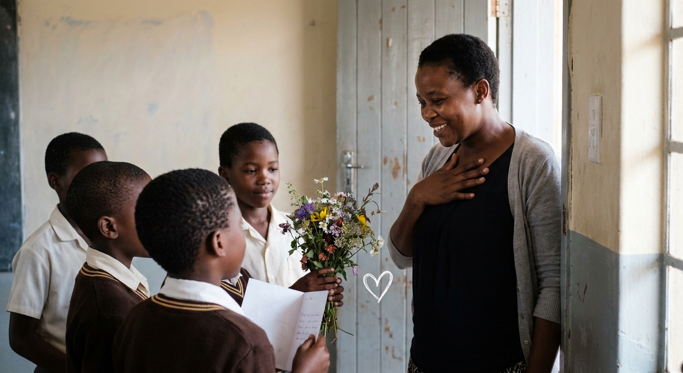 Children handing veld flowers and a folded card to a teacher