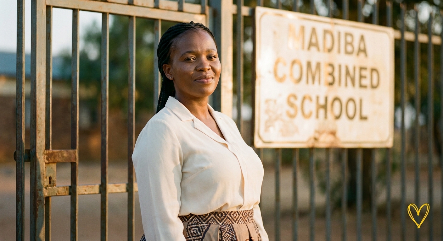 Mrs Mokoena standing outside the school gate at golden hour