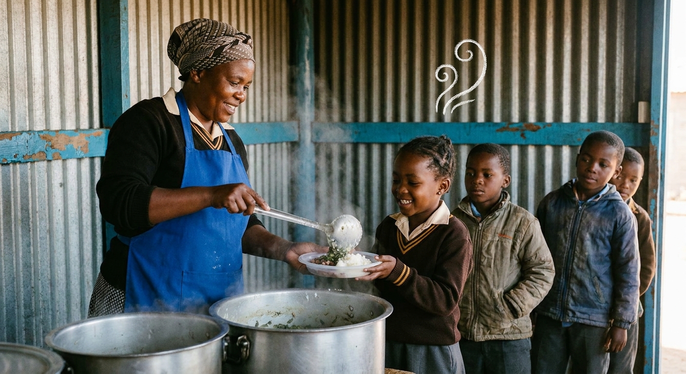 School cook serving pap and morogo to a smiling Grade 2 girl