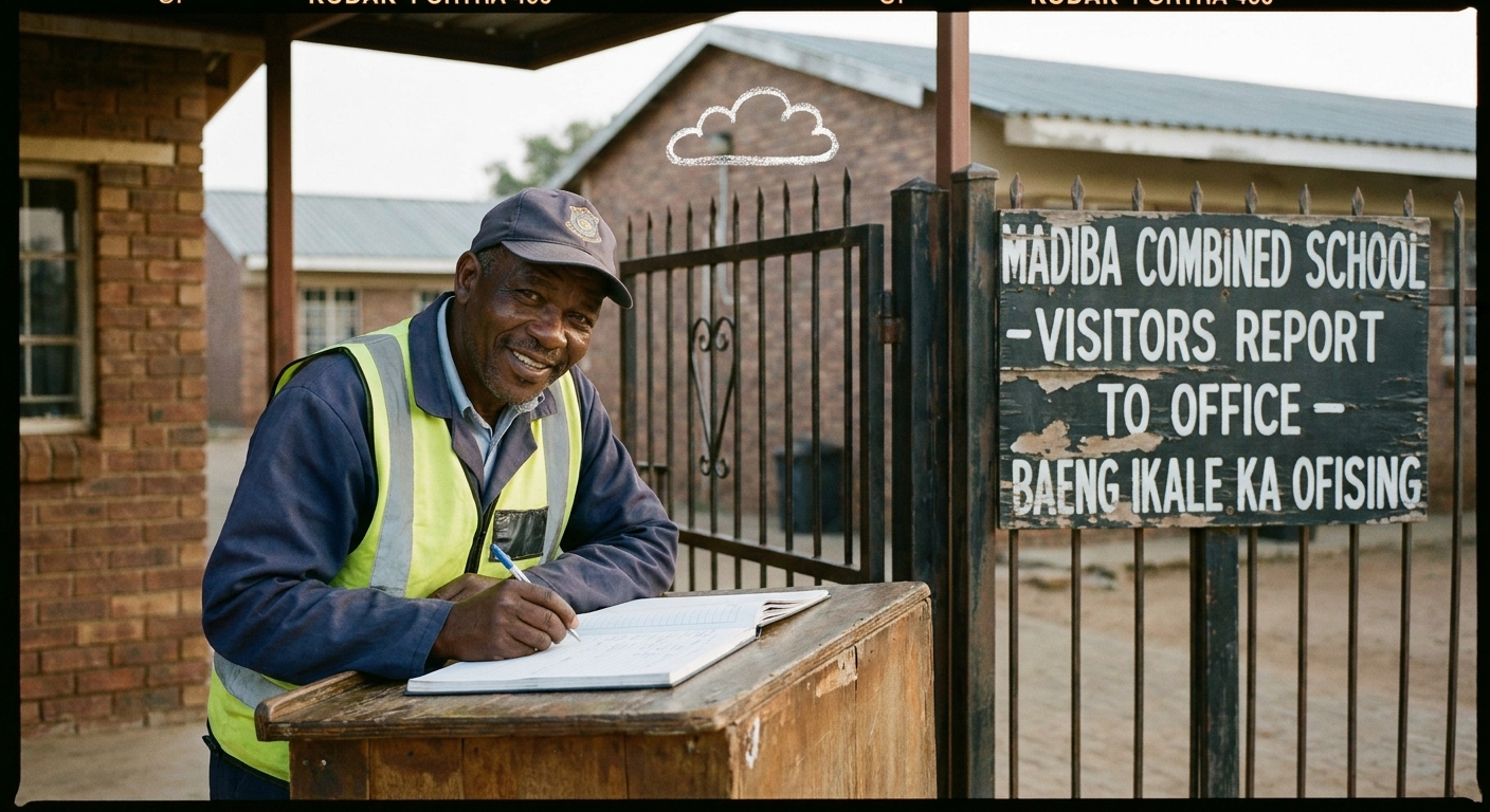 Friendly security guard checking a visitor book at the school gate