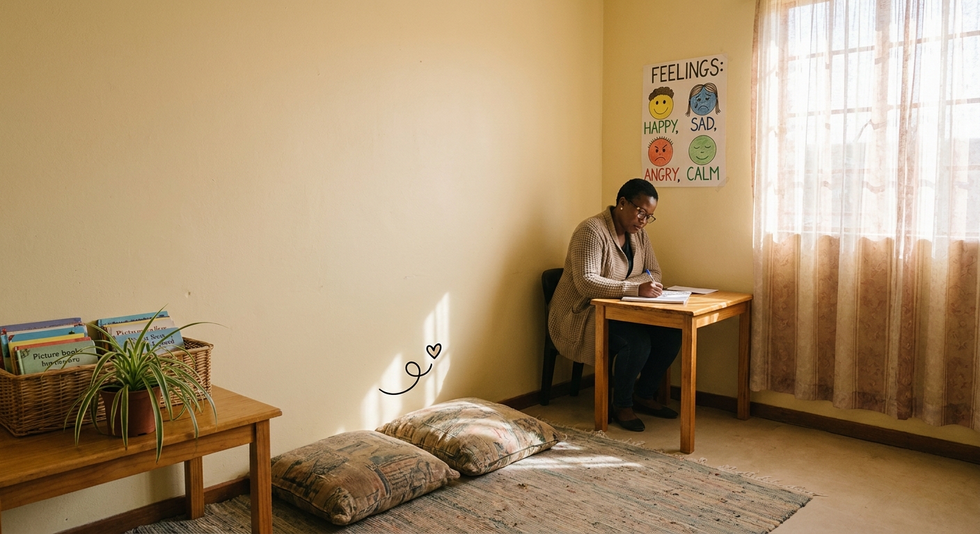 Quiet school counselling room with cushions, plant, and books