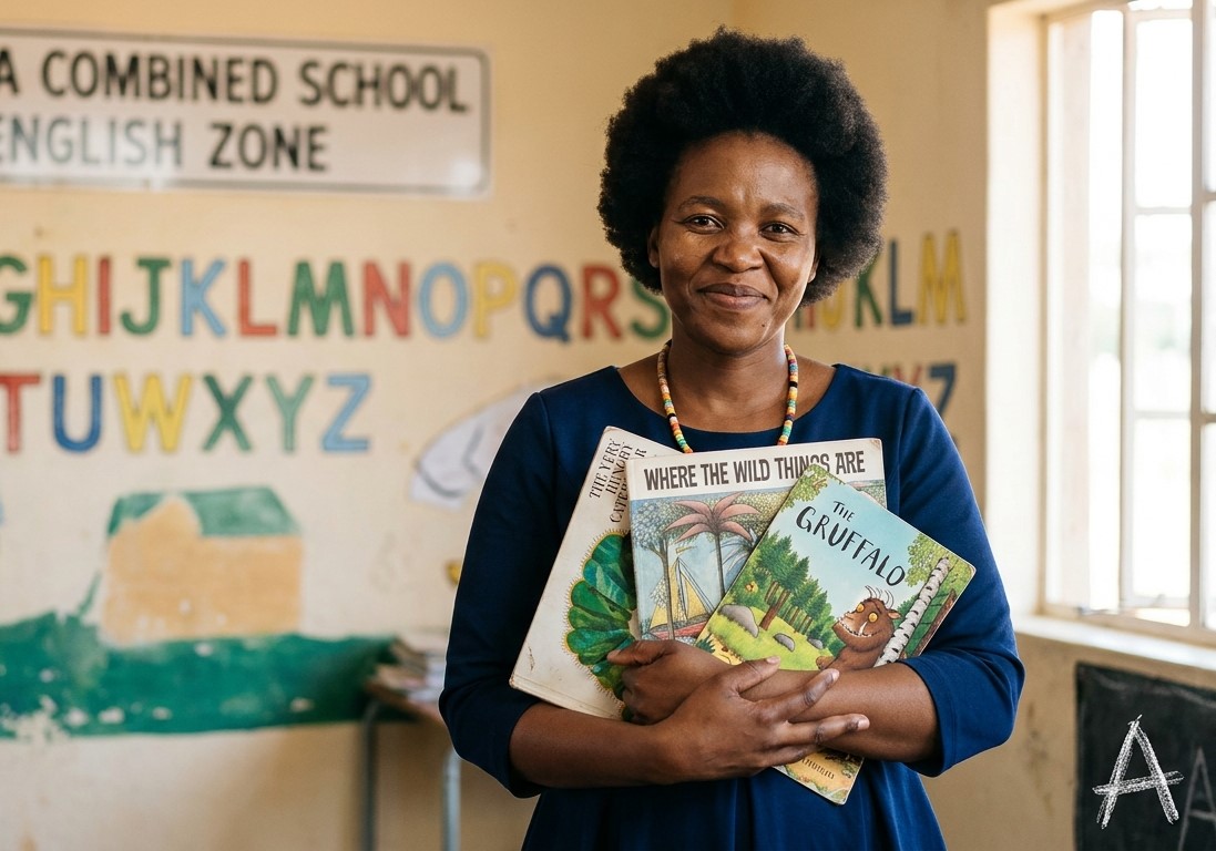 Ms. Karabo Phiri holding picture books in front of an alphabet wall