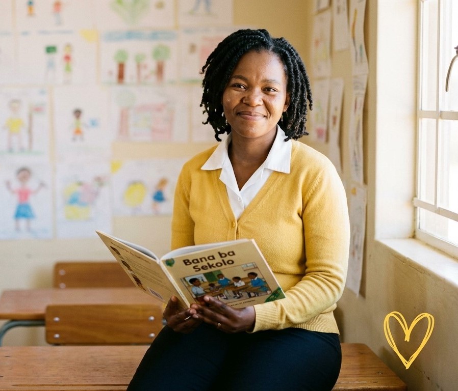 Ms. Naledi Botha holding a Setswana storybook in her classroom