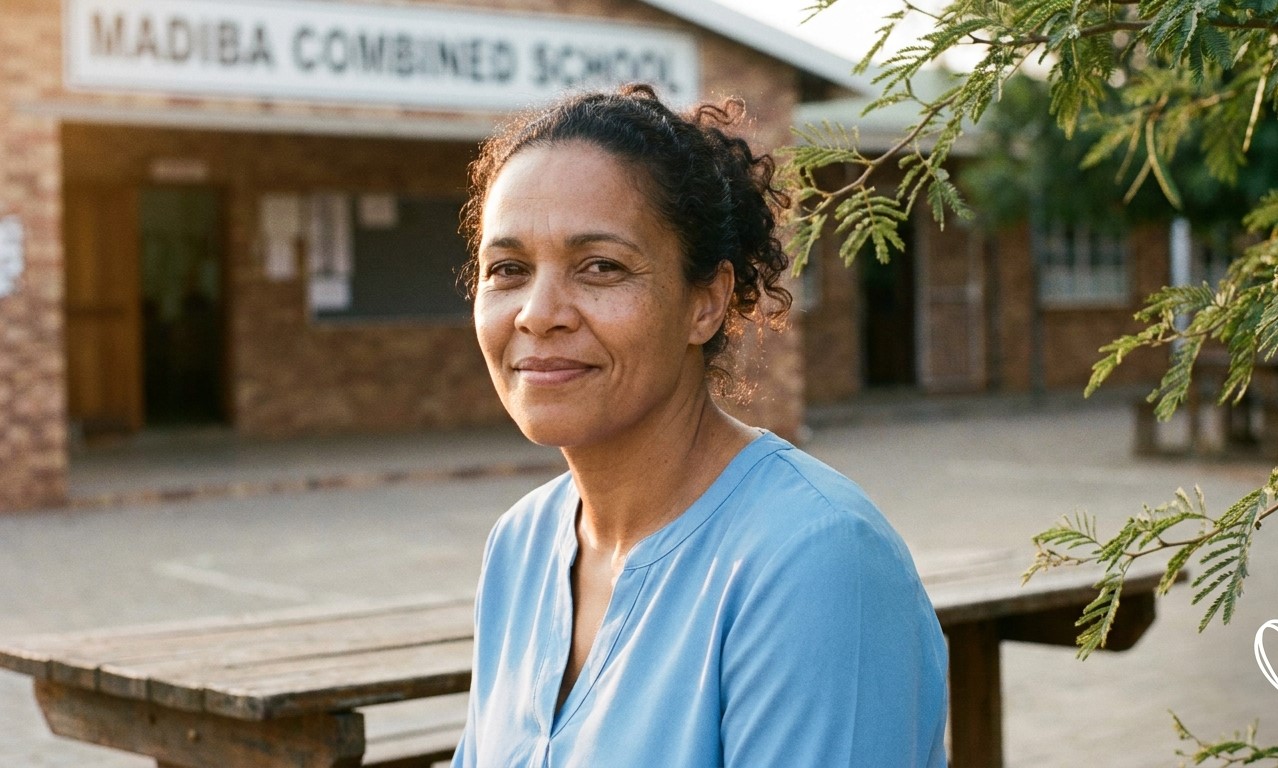 Ms. Refilwe van Wyk seated under an Acacia tree on the school courtyard
