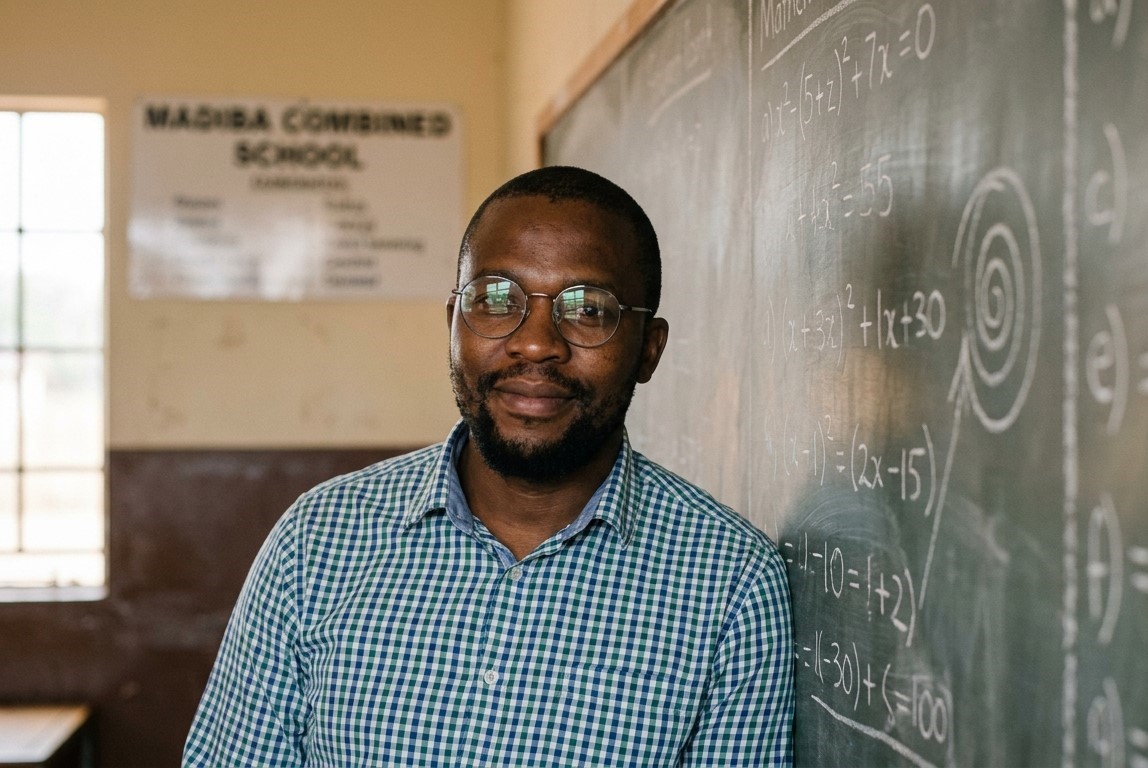 Mr. Tshepo Moilwa, Head of Mathematics, leaning against a chalkboard