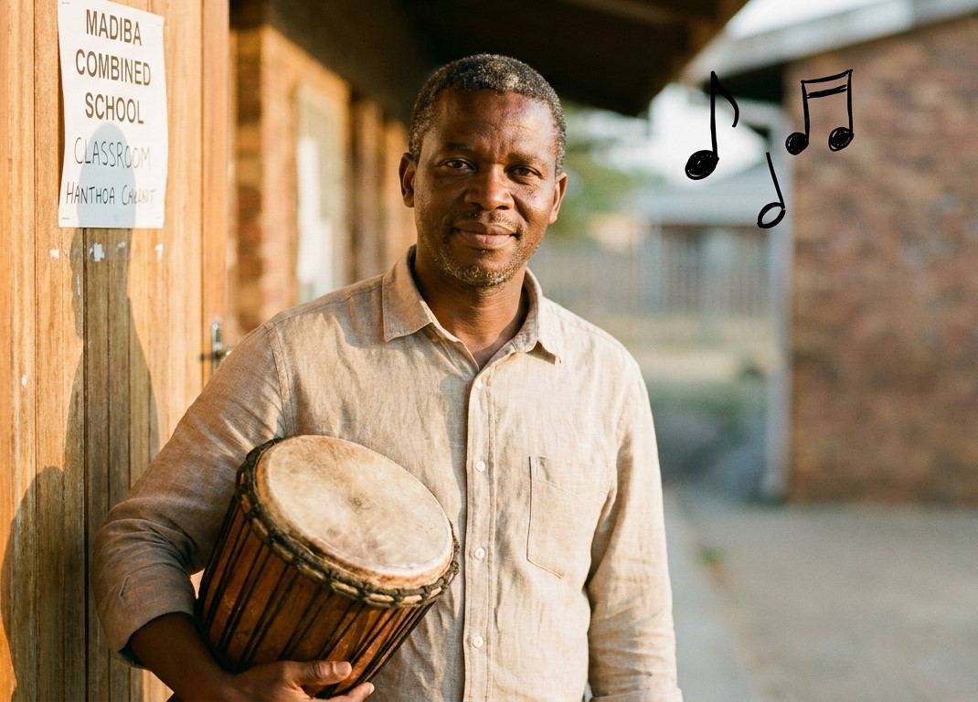 Mr. Sipho Dlamini holding a djembe in front of a wooden classroom door