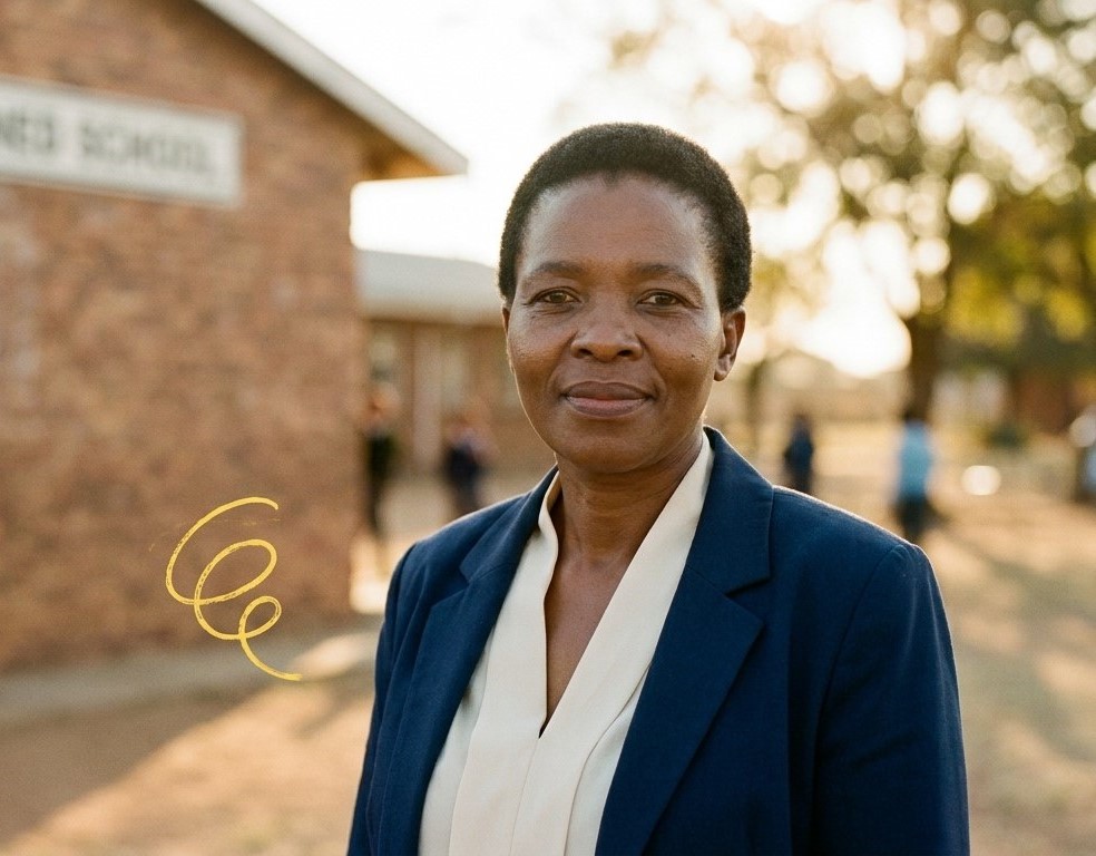 Principal Lebogang Sekete in a navy blazer in front of the school